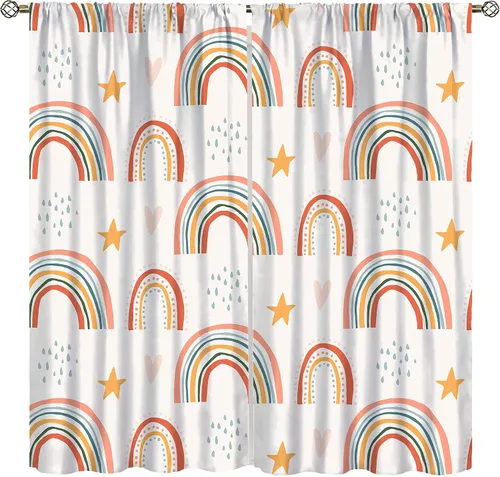 Vista 13 de Cortinas bohemias con diseño de arco iris, hermoso diseño de estrellas de durazno marrón y arcoíris, para dormitorio de niños y niñas, sala