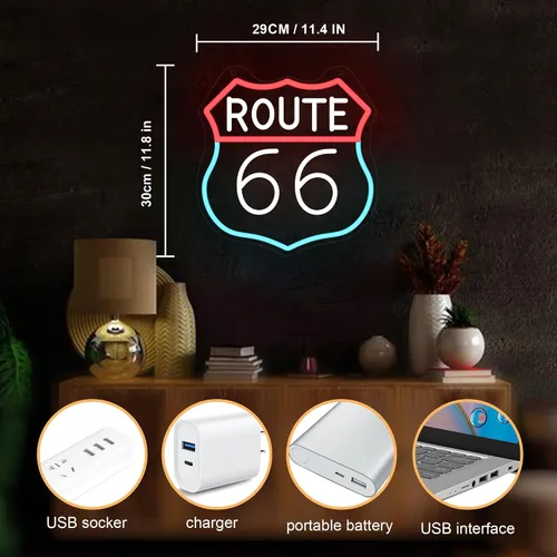 Vista 8 de CoolGift Mart Letrero de neón de la ruta 66, decoración de habitación con luz LED alimentada por USB, para dormitorio, sala de estar, sala
