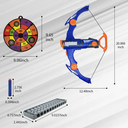 Vista 3 de Arco y flecha de juguete para balas de pistola Nerf, juego de tiro con bala de espuma de 12 dardos con 36 dardos de espuma, 1 gafas y objetivo Azul