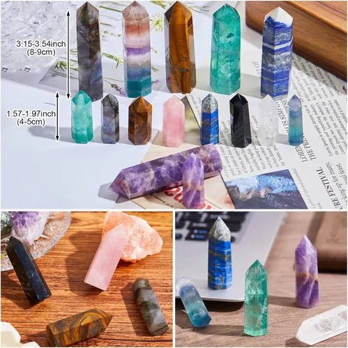 Vista 5 de Junkin 9 juegos de varita de cristal curativo, amatista cuarzo rosa, cuarzo transparente, ojo de tigre, obsidiana, fluorita, labradorita