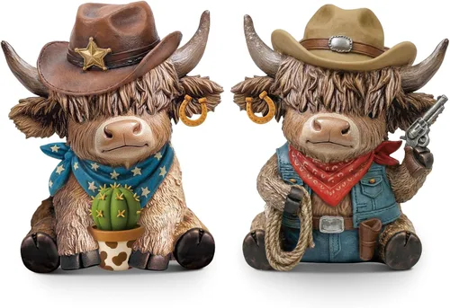 Vista 15 de Wesiti 2 figuras de vaca de las tierras altas de béisbol, bonita estatua deportiva de resina con murciélago y pelota, regalos para fanáticos