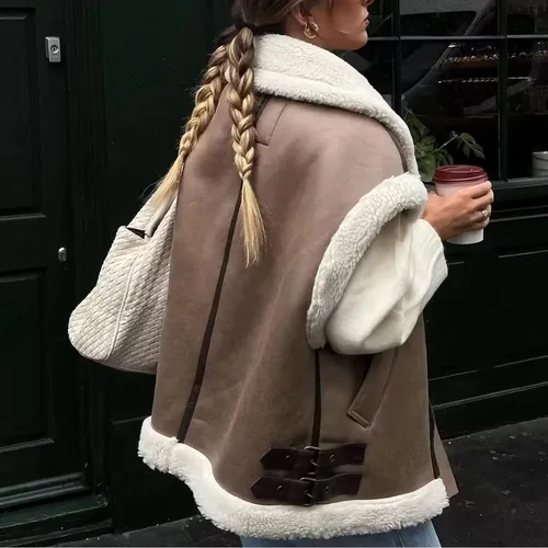 Vista 4 de APAFES Chaleco de gamuza de piel de invierno para mujer, cuello alto, sin mangas, forro polar