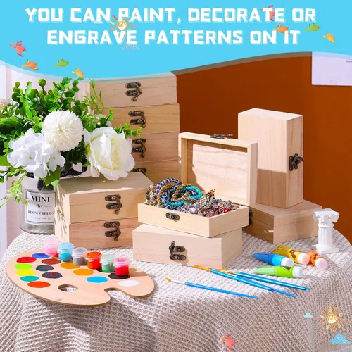 Vista 5 de Tuanse - Caja de madera sin terminar con tapa con bisagras de 6 x 4 x 2 pulgadas, pequeña artesanía sin pintar, joyería, recuerdo, caja