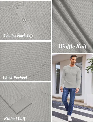 Vista 5 de COOFANDY Camisas Henley de manga larga para hombre con bolsillo