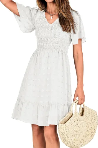 Vista 8 de BTFBM - Vestido de vacaciones en la playa para mujer, cuello en V, manga corta, fruncido, plumetí, casual, con volantes,vestidos cortos