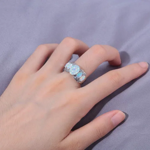 Vista 3 de CiNily - Anillo chapado en rodio con ópalo de fuego blanco para mujer, talla 5 12