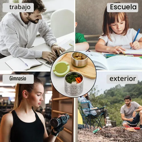 Vista 6 de Lille Home Caja de almuerzo/merienda térmica apilable de acero inoxidable aislada al vacío, contenedor Bento/de comida de 2 niveles con bolsa