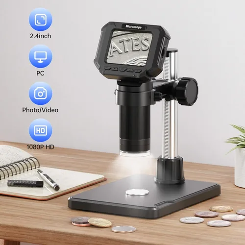 Vista 7 de Microscopio Digital de 2.4 Pulgadas - Hasta 1000X de Magnificación, Pantalla Recargable, Anillo de Luz LED de 8 Luces, Foto y Video, Conexión USB