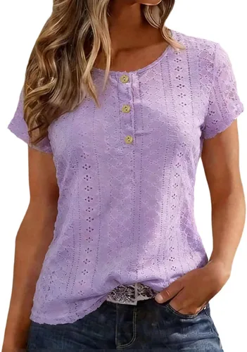 Vista 11 de Camiseta de manga corta con cuello redondo para mujer, blusa holgada con ojales, casual, holgada, para vacaciones, playa, lunares suizos