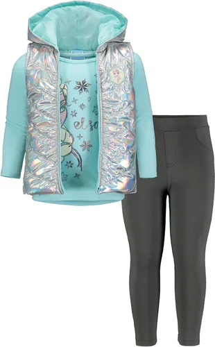 Vista 6 de Disney Frozen Princess Anna Queen Elsa - Chaleco con cremallera para niñas conjunto de camiseta y leggings de 3 piezas para niños pequeños a grandes