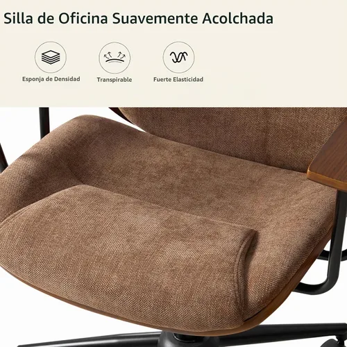 Vista 6 de HULALA HOME Silla de oficina de madera maciza con función mecedora, cómoda silla de escritorio de tela con base de madera doblada y metal, silla