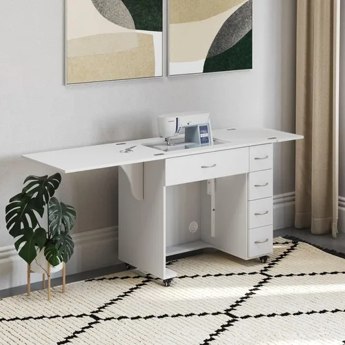 Vista 7 de Arrow - Muebles de costura clásicos Alice - Armario de costura compacto de tamaño mediano con elevación hidráulica de máquina, cajones, hojas