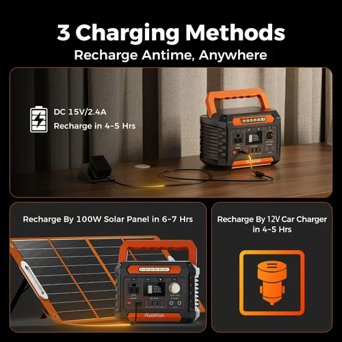 Vista 8 de FF Flashfish 144.3Wh con panel solar de 100 W, generador solar de 200 W con luces AC/DC/USB/tipo C/LED, batería de reserva para camping, viajes