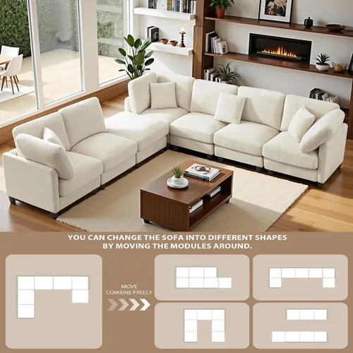 Vista 4 de Sofá modular de 117 pulgadas, sofá modular de felpilla en forma de U con otomana móvil, moderno sofá modular de 7 asientos para sala de estar, Beige