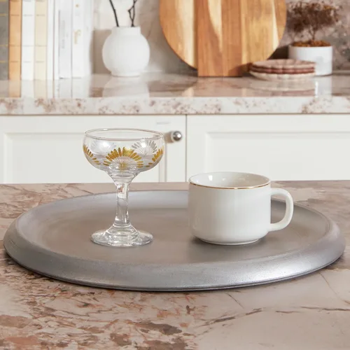 Vista 4 de DN DECONATION Bandeja otomana plateada, bandejas decorativas redondas grandes para decoración del hogar, bandejas de mesa auxiliar para perfumes