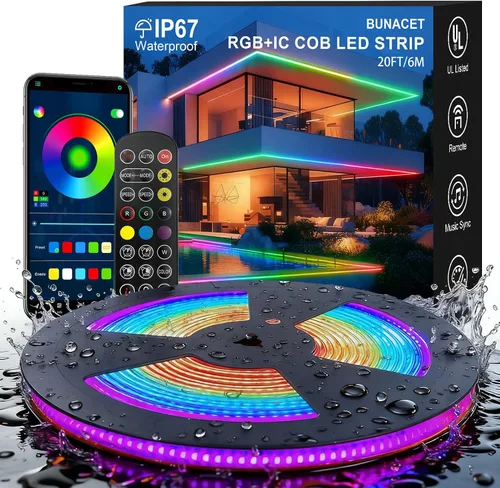 Vista 10 de Tira de luces para exteriores con control remoto, 118 (98 + 12) pies, RGB+IC+luz blanca cálida para exteriores, 36 bombillas LED, no extensibles
