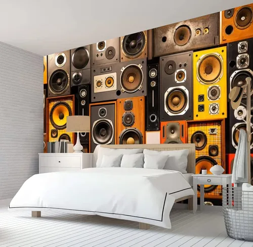 Vista 2 de Papel pintado 3D con altavoces retro, para entusiastas de la música, papel tapiz fotográfico para entusiastas de la música, espacio para inquilinos