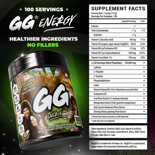 Vista 2 de Gamer Supps GG® Energy - Guacamole Gamer Fart 9000 por TheRussianBadger (100 porciones) – Mezcla energética gaming y nootrópica apta para keto, sin