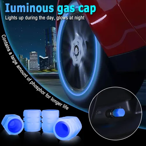 Vista 3 de Tapas fluorescentes para válvulas de neumáticos de auto, 12 tapas luminosas iluminadas para válvulas de rueda, resistentes a la corrosión que