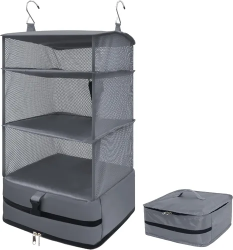 Vista 8 de Caroeas Estantes de viaje colgantes portátiles, bolsa organizadora de maleta, cubos de equipaje de mano para viajes, maleta de 4 estantes con 2