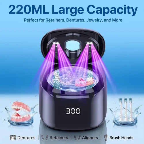 Vista 5 de Máquina limpiadora ultrasónica de retenedores, 49 kHz 7.4 fl oz, cápsula de limpieza dental con temporizador digital, limpiador ultrasónico