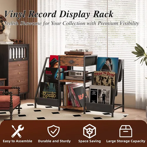 Vista 5 de Soporte para tocadiscos con cajón, mesa para tocadiscos con almacenamiento de discos de vinilo de hasta 280 álbumes, soporte giratorio con estante