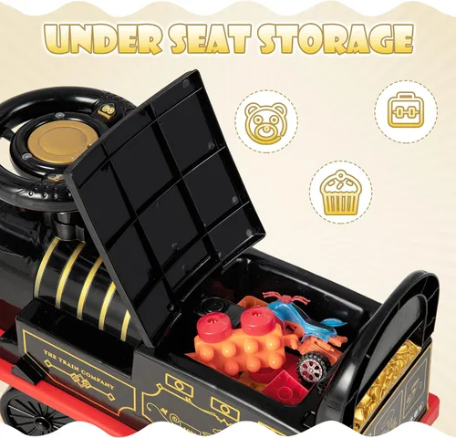 Vista 5 de OLAKIDS Kids Ride On Train with Track, 6V Electric Toy with Lights and Sounds, Retractable Footrest, Under Seat Storage, Christmas Theme Battery