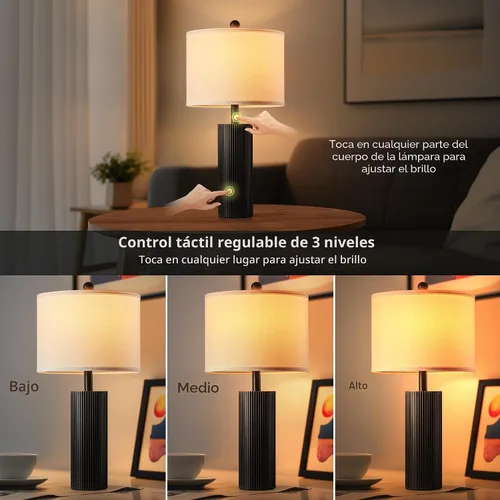 Vista 4 de Juego de 2 lámparas negras de 24.5 pulgadas, modernas lámparas de mesa para sala de estar con puertos USB C+A, lámparas táctiles creativas a rayas