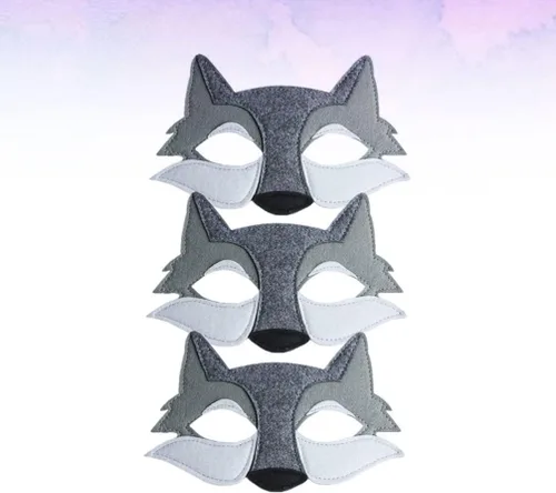 Vista 4 de Toyvian 3 máscaras de lobo de fieltro de animales de media cara máscara de disfraz decoración de disfraces regalos de fiesta para niños que usan gris