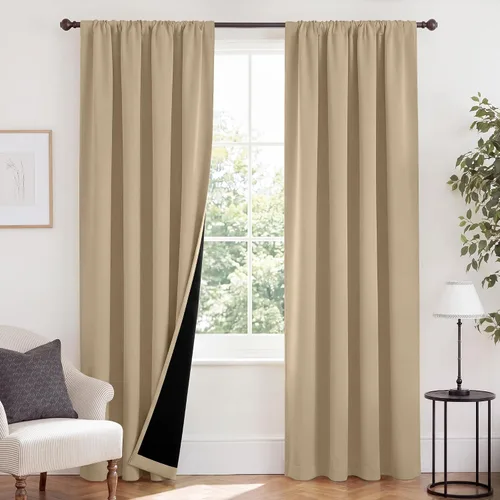Vista 141 de NICETOWN Biscotti Beige 100% Cortinas opacas de 45" de largo para cocina, bolsillo con varilla para sótano completamente opaco, cortinas térmicas