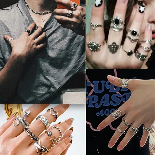 Vista 5 de 17IF Juego de anillos grunge góticos de plata vintage para mujeres, hombres y niñas, gruesos, góticos, punk, apilables, ajustables, abiertos