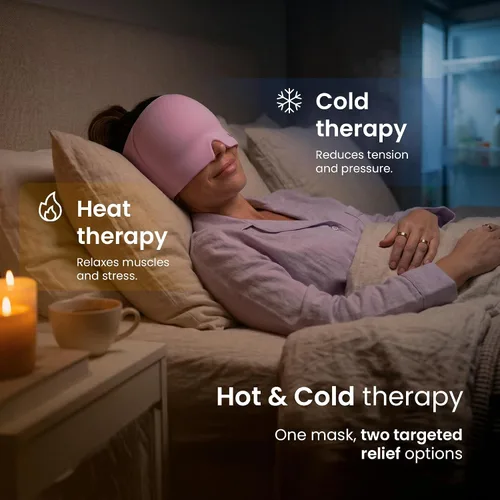Vista 5 de IWS Aliv Head Gel Máscara de alivio de migraña – Tapa de gel de terapia caliente y fría para dolor de cabeza, presión sinusal y alivio del estrés