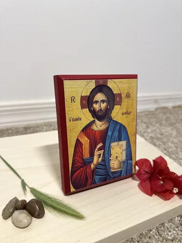 Vista 5 de Icono cristiano ortodoxo griego de madera Jesucristo el Pantocrátor (4 "x 5")