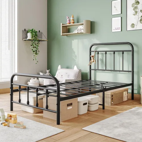 Vista 7 de Base de cama de tamaño individual vintage con cabecera y estribo, plataforma de metal resistente, soporte de listones de acero