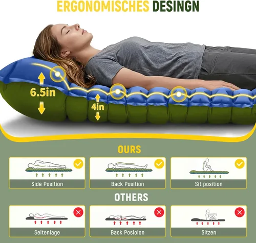 Vista 3 de Myxslop Colchoneta de dormir doble – Colchoneta de dormir ultraligera con bomba de pie y almohada integrada, portátil inflable para 2 personas Azul