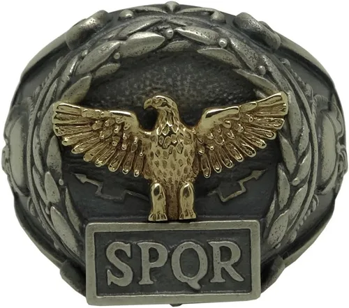 Vista 6 de Anillo de plata de ley y oro macizo amarillo de 10 quilates hecho a medida con águila del imperio romano SPQR Skull Biker para hombre