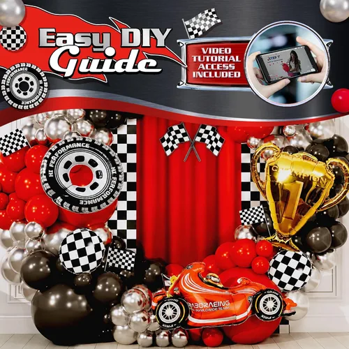 Vista 4 de Kit de Arco de Globos TODO EN 1 para Autos de Carreras con TROFEO BONUS y Número 2 - Kit de Guirnalda de Globos de Autos para Suministros de Fiesta