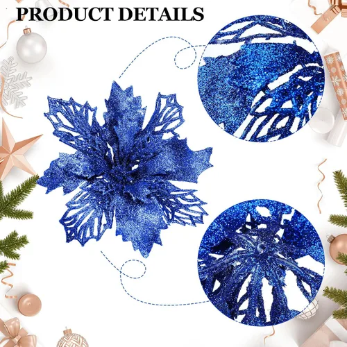 Vista 3 de Yinder Juego de 48 flores de Pascua artificiales con purpurina para el día de San Valentín con ramitas, decoración de árbol de Navidad, para corona