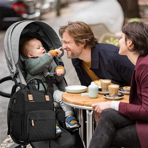 Vista 7 de Mochila de pañales para bebé con cambiadores Cama impermeable de viaje 3 en 1 Cuna plegable unisex, Negro -, Classic