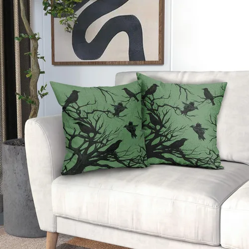 Vista 6 de Tree Crows - Juego de 2 fundas de almohada de Halloween de 16 x 16 pulgadas, fundas de almohada decorativas de otoño, fundas de almohada negras
