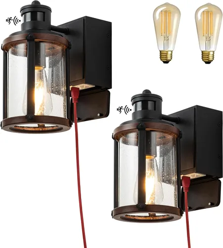 Vista 11 de Luces de pared para exteriores con salida GFCI, luces de porche con sensor de movimiento para casa, 3 modos, accesorio de luz exterior del atardecer