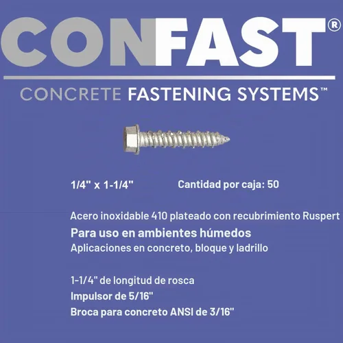Vista 3 de CONFAST Tornillos de hormigón de 1/4" x 1-1/4" 410 hexagonal de acero inoxidable con broca de hormigón para anclaje a mampostería, bloque o ladrillo