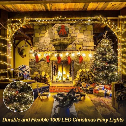 Vista 7 de Guirnalda de luces de Navidad para exteriores, 1000 LED de 344 pies con control remoto, fácil de moldear, impermeable, enchufable, luces de hadas