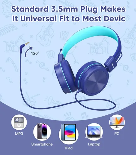 Vista 7 de Cowyawn - Auriculares infantiles, auriculares para niños con limitador de volumen seguro de 94 dB, auriculares escolares con cable para niños