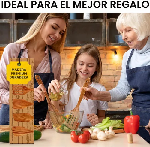 Vista 8 de Espátula de madera de acacia para cocinar cuchara no tóxica juego de 4 piezas
