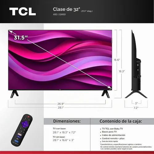 Vista 2 de TCL Smart TV Class R3D Series QLED Roku de 32 pulgadas Diseño sin bisel FullView, Google Cast y AirPlay 2 Televisión para dormitorio, dormitorio