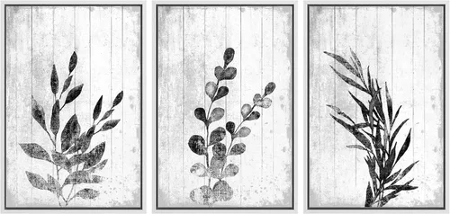 Vista 122 de SIGNWIN Lienzo enmarcado para pared, juego de arte de collage de hojas transparentes en blanco y negro, ilustraciones de naturaleza silvestre, arte