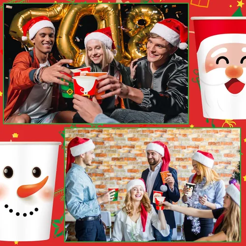 Vista 3 de Zhehao 200 Piezas Vasos de Papel de Navidad Xmas Vasos Desechables de Café 9 oz Santa Muñeco de Nieve Alce Vasos Desechables de Papel de Navidad