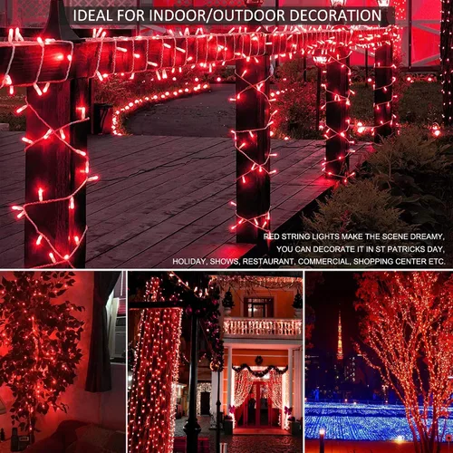 Vista 7 de Luces rojas de San Valentín, 100 luces LED de 33 pies de Navidad enchufables 8 modes waterproof clear wire string lights for indoor outdoor