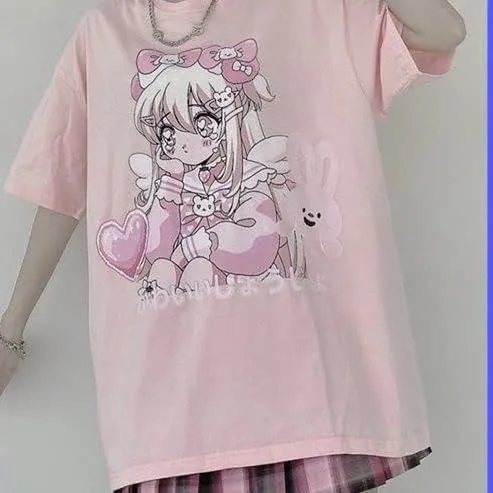 Vista 4 de AtbeTa Kawaii - Camiseta de gran tamaño de manga larga, linda camiseta de anime rosa japonés, Harajuku, conejo, gato, adolescente, niña